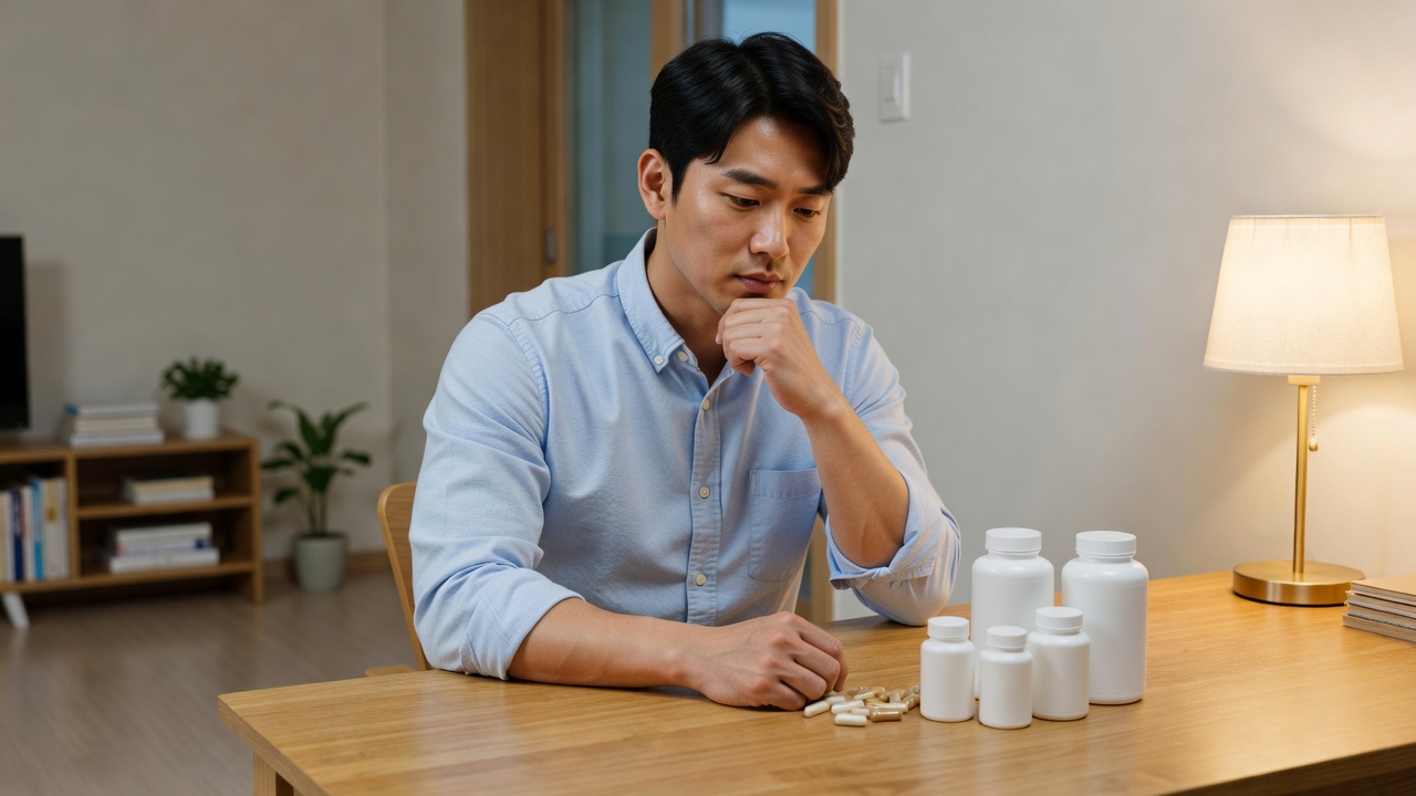 30대 직장인 피로회복 영양제 복용 계획 세우는 모습